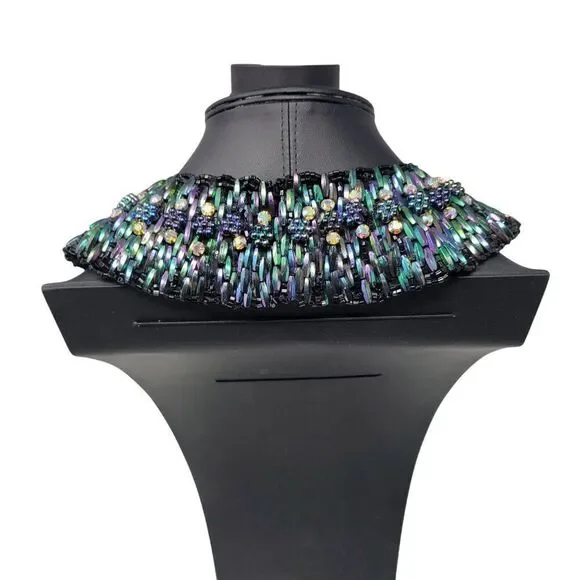 Vintage Handcrafted AB Oil Slick Beaded Statement Bib Collar Necklace Cleopatra - Picture 9 of 11